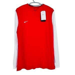 NIke Dri Fit Shirt Mens Large Slim Fit Red White Performance Long Sleeve V Neck